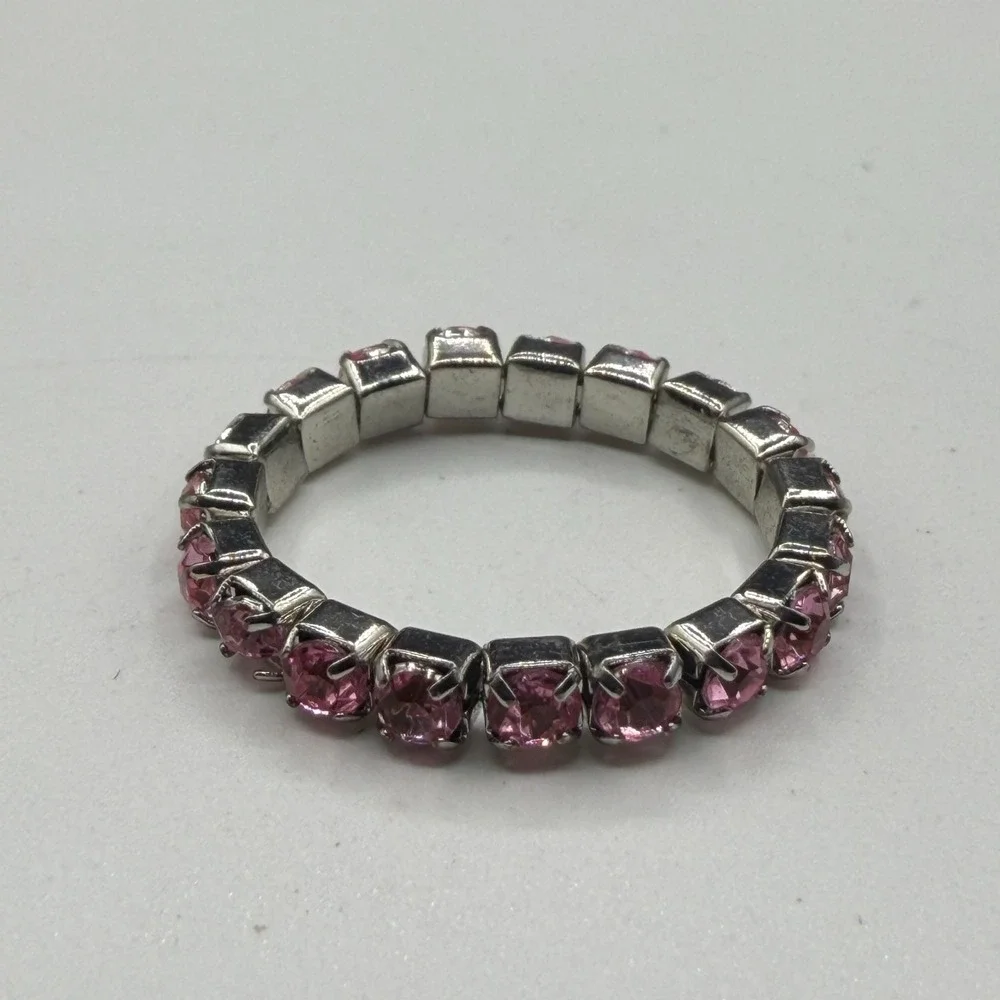 Pink Rhinestone Stretch Bracelet Ring Set Silver Tone Coquette Y2K Sparkle Gift